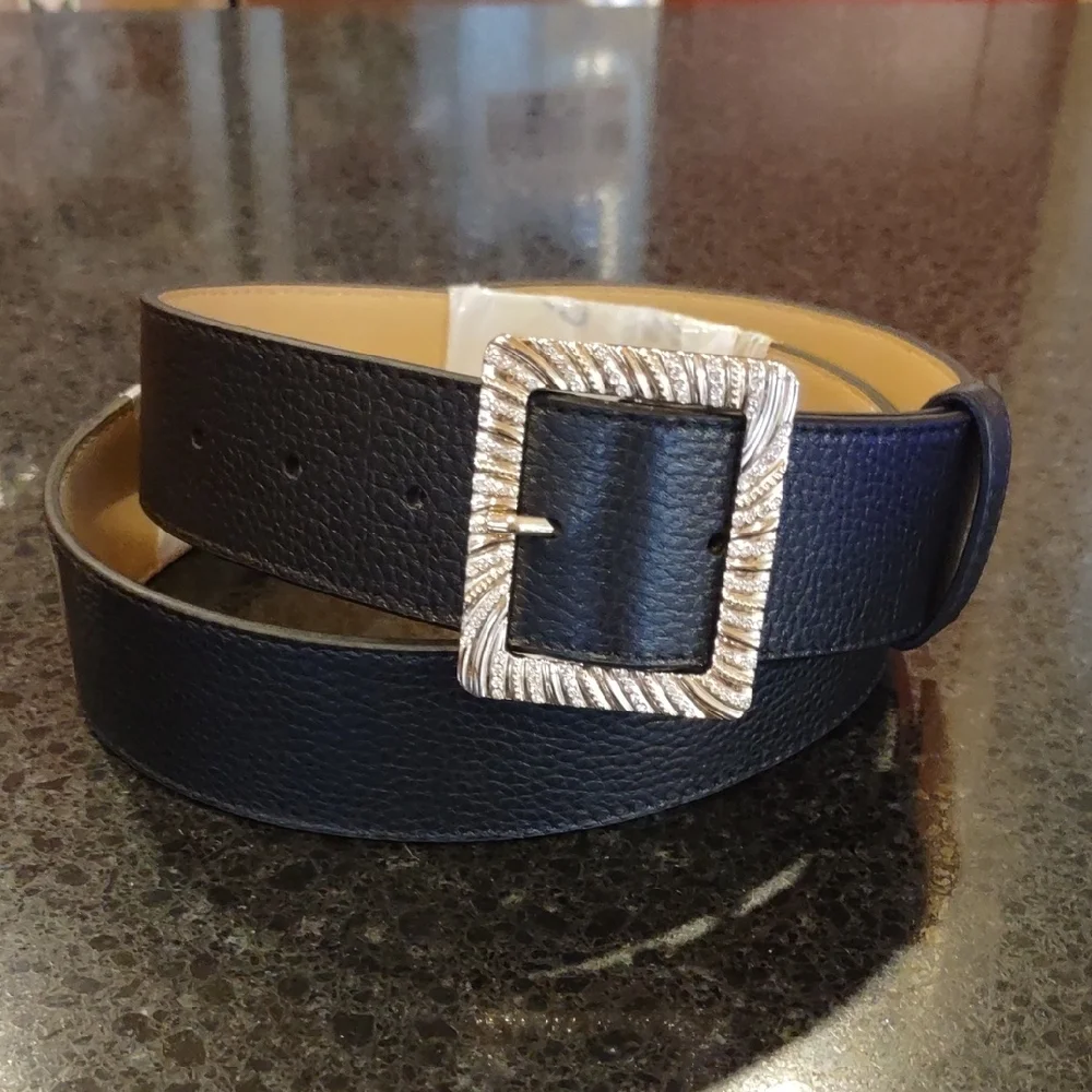 TALBOTS | Black Leather Rhinestone Embellished Gold-Tone Square Buckle Belt